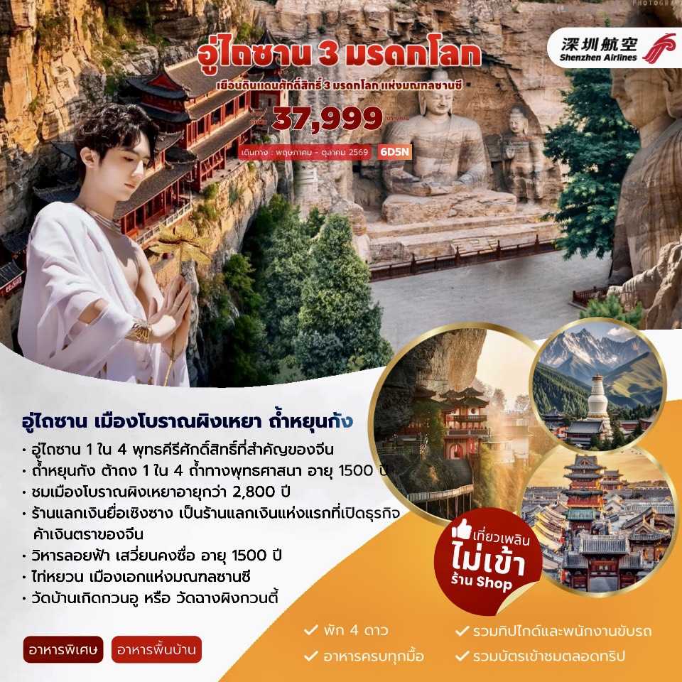 ทัวร์จีน อู่ไถซาน 3 มรดกโลก เมืองโบราณผิงเหยา ถ้ำหยุนกัง นั่งรถไฟความเร็วสูง ไม่ลงร้าน 6วัน 5คืน (ZH)
